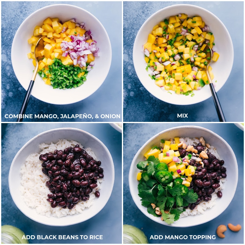 Process shots for creating the mango topping: Combine all ingredients and mix well; add to the beans and rice.