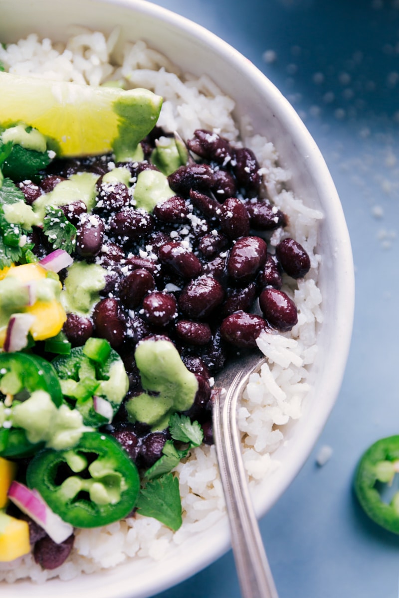 Close-up view of Black Bean Bowls, ready to eat.