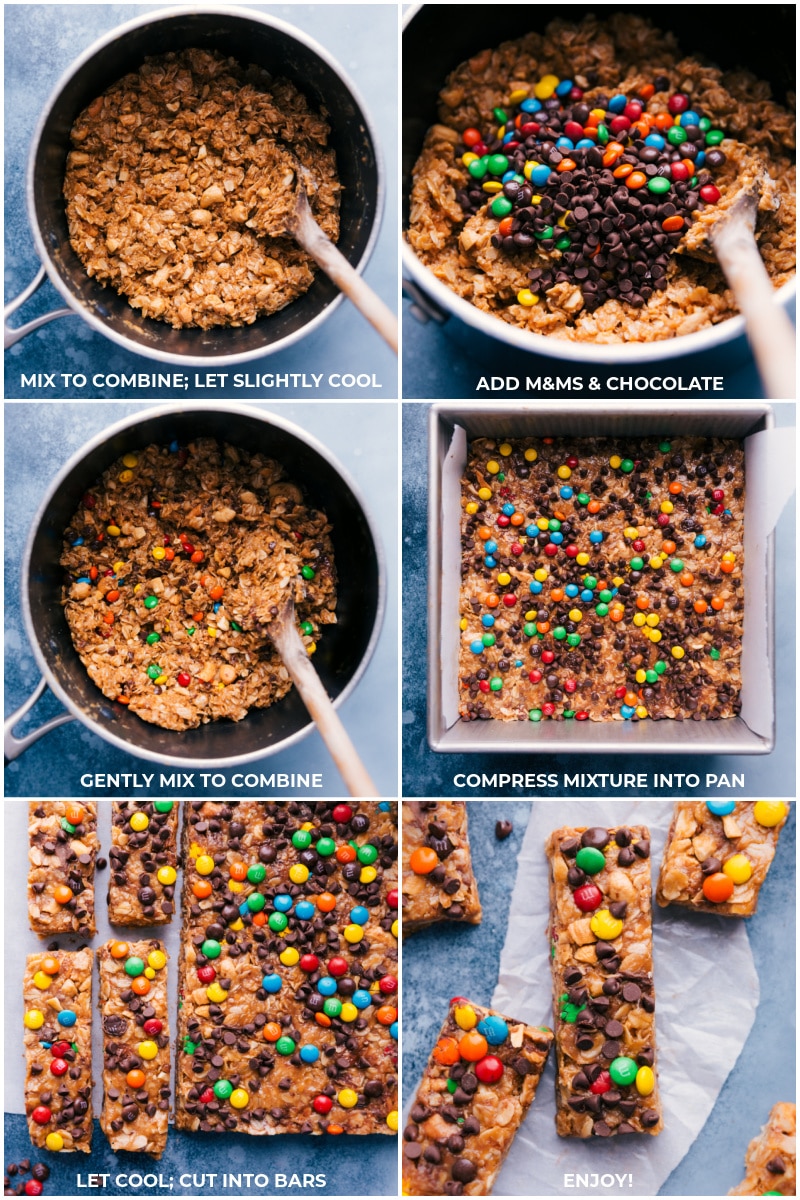 Process shots: mix well and let cool slightly; add M&Ms and chocolate; press into the pan; let cool and cut into bars.