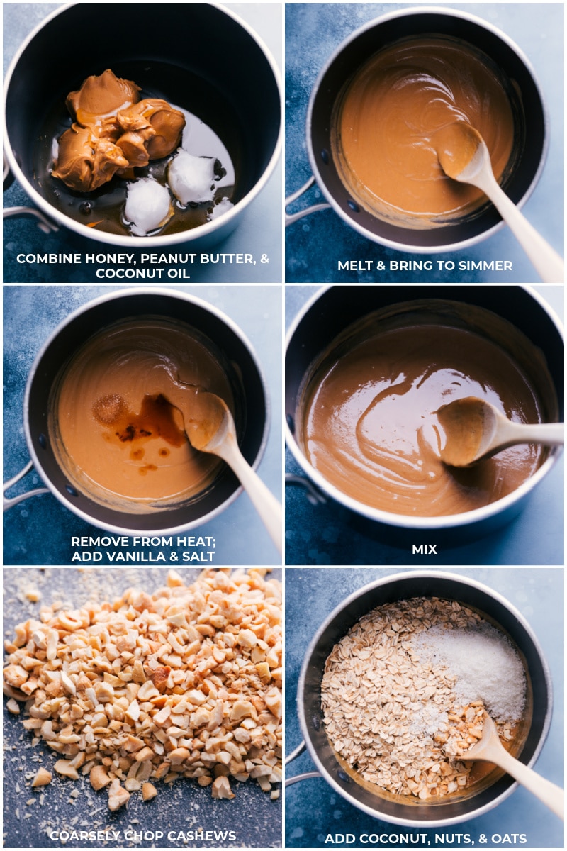 Process shots: combine honey, peanut butter and coconut oil; melt and bring to a simmer; remove from heat and add vanilla and salt; coarsely chop cashews and add to the mixture, along with coconut and oats.