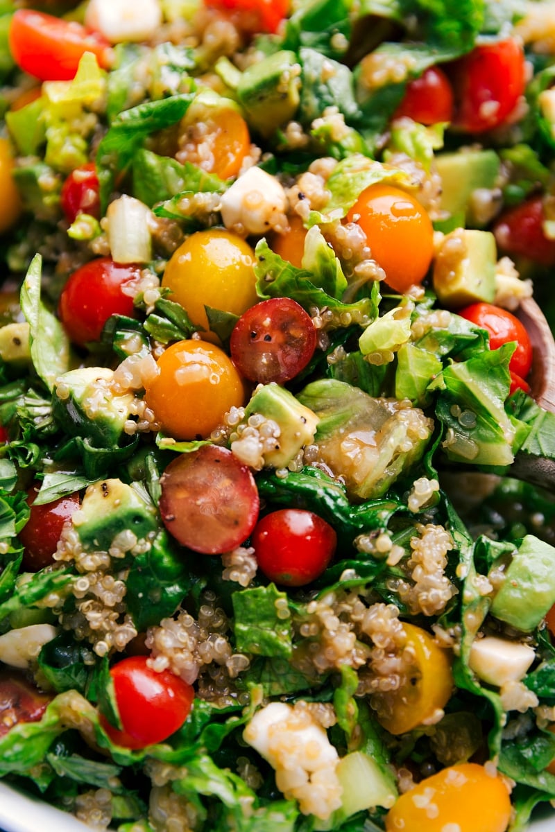 Close-up view of the completed Caprese Quinoa Salad.