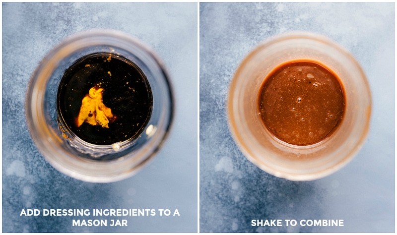 Images of the balsamic vinaigrette before and after combining the ingredients.