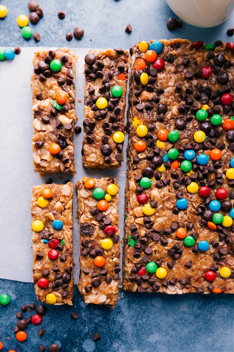 An overhead view of the Chewy Granola Bars being cut into serving sizes.