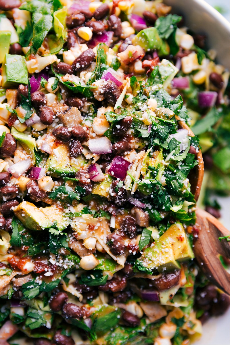 Close-up view of the finished and mixed Chipotle Chicken Salad.