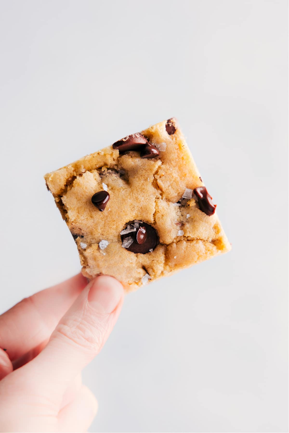 Chocolate Chip Cookie Bars square being held up.