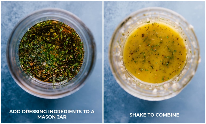 Process shots-- images of the dressing being made in a Mason jar and mixed together.