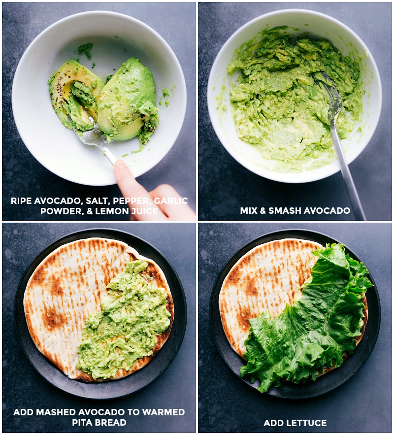 Process shots: Mash avocado and seasonings; spread onto warmed pita and add lettuce.