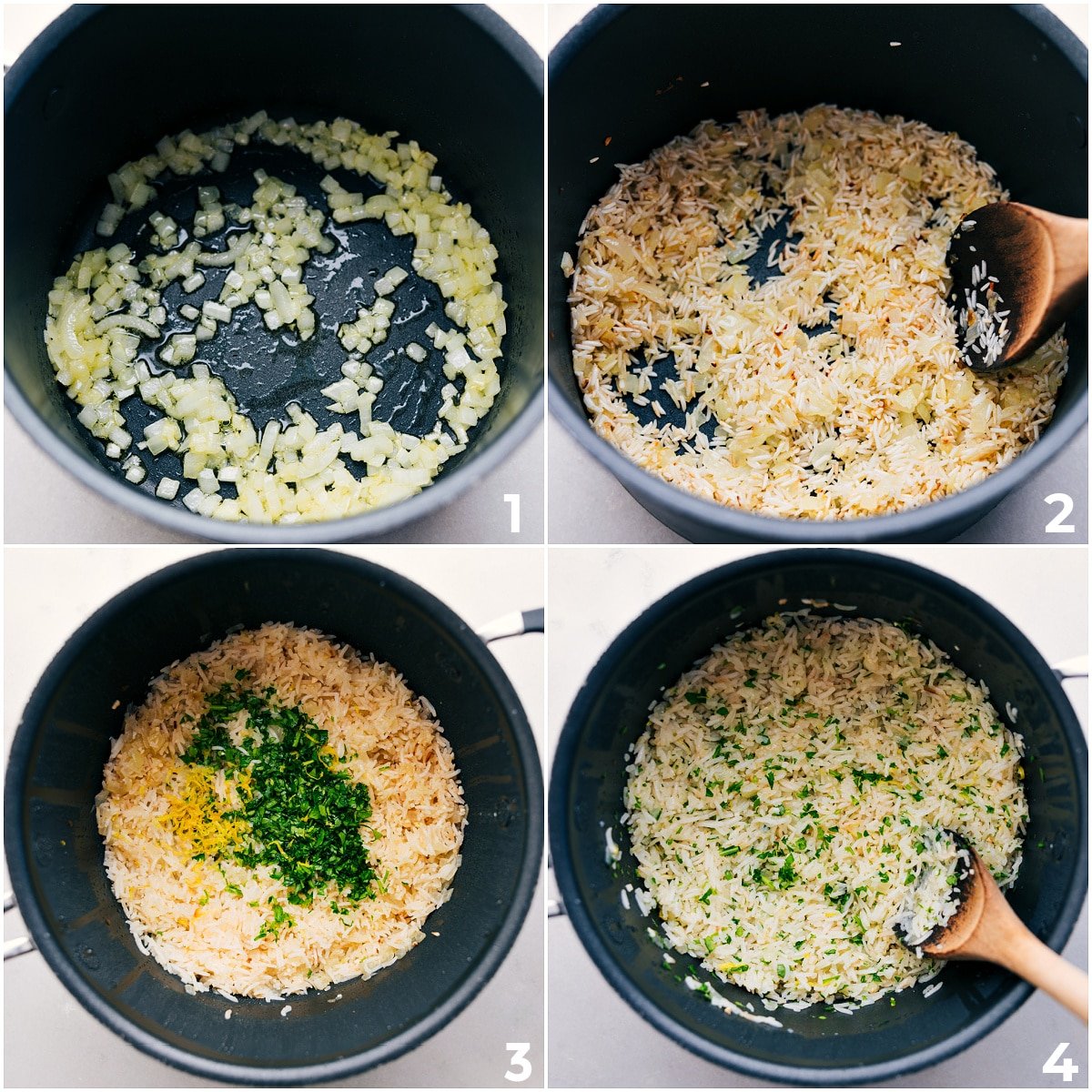 For this Greek ground turkey recipe, sauté the rice with onions, then add herbs and lemon to cook together.