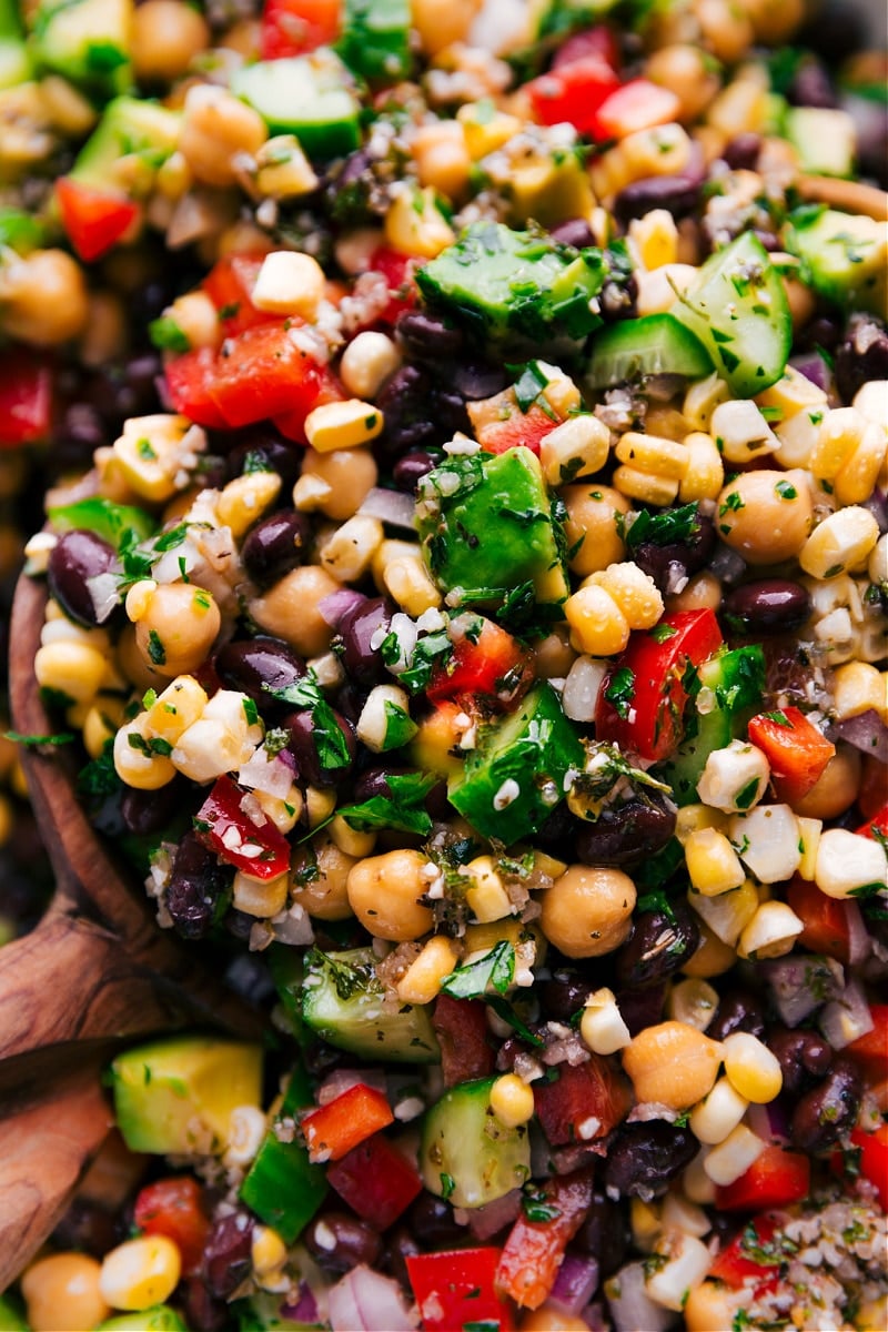 Up-close overhead image of Garbanzo Bean Salad mixed together and ready to be served.