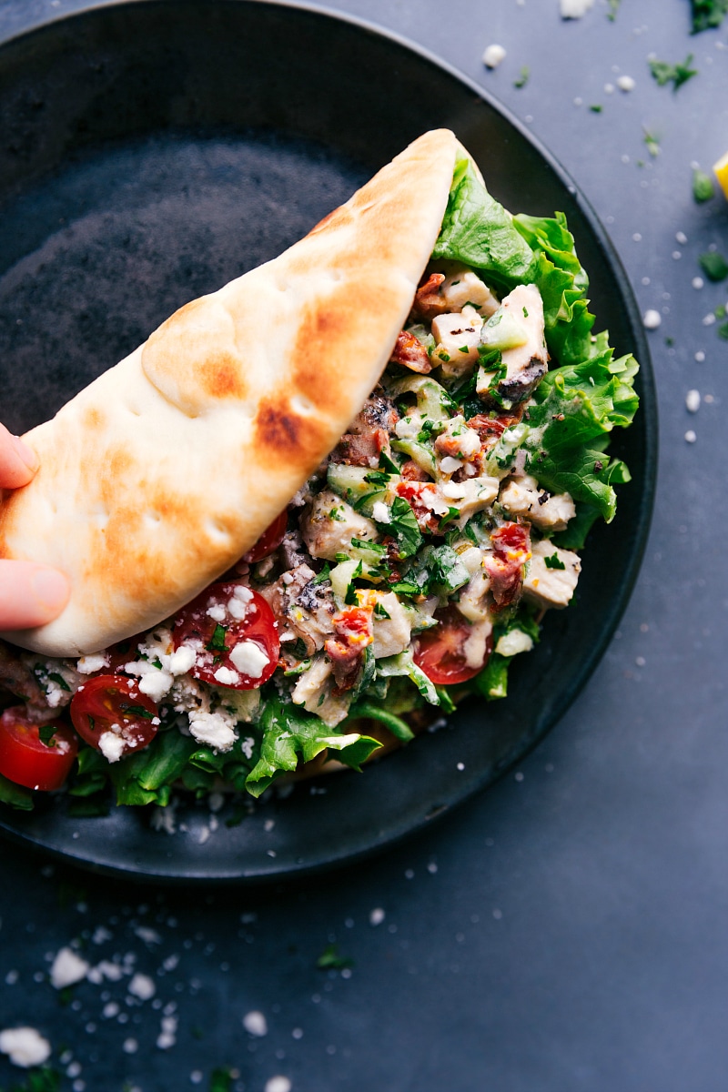 Overhead of Greek Chicken Wrap on a plate.