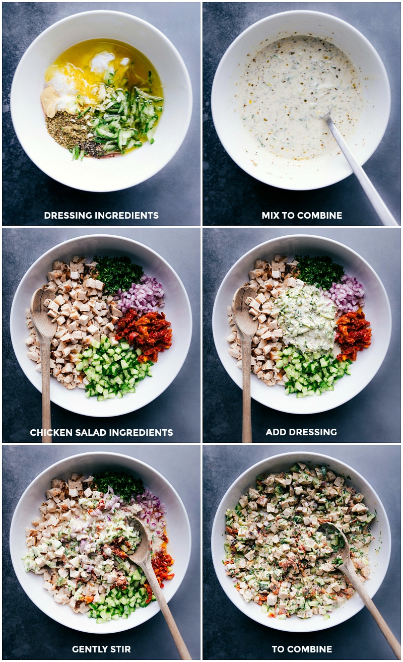 Process shots for Greek Chicken Wraps: combining the dressing ingredients; combining the salad ingredients; mixing all to combine.