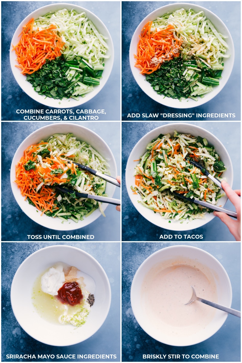 Process shots: Combine carrots, cabbage, cucumbers and cilantro; add the dressing ingredients; toss to combine; add to tacos; combine Sriracha sauce ingredients; stir briskly.