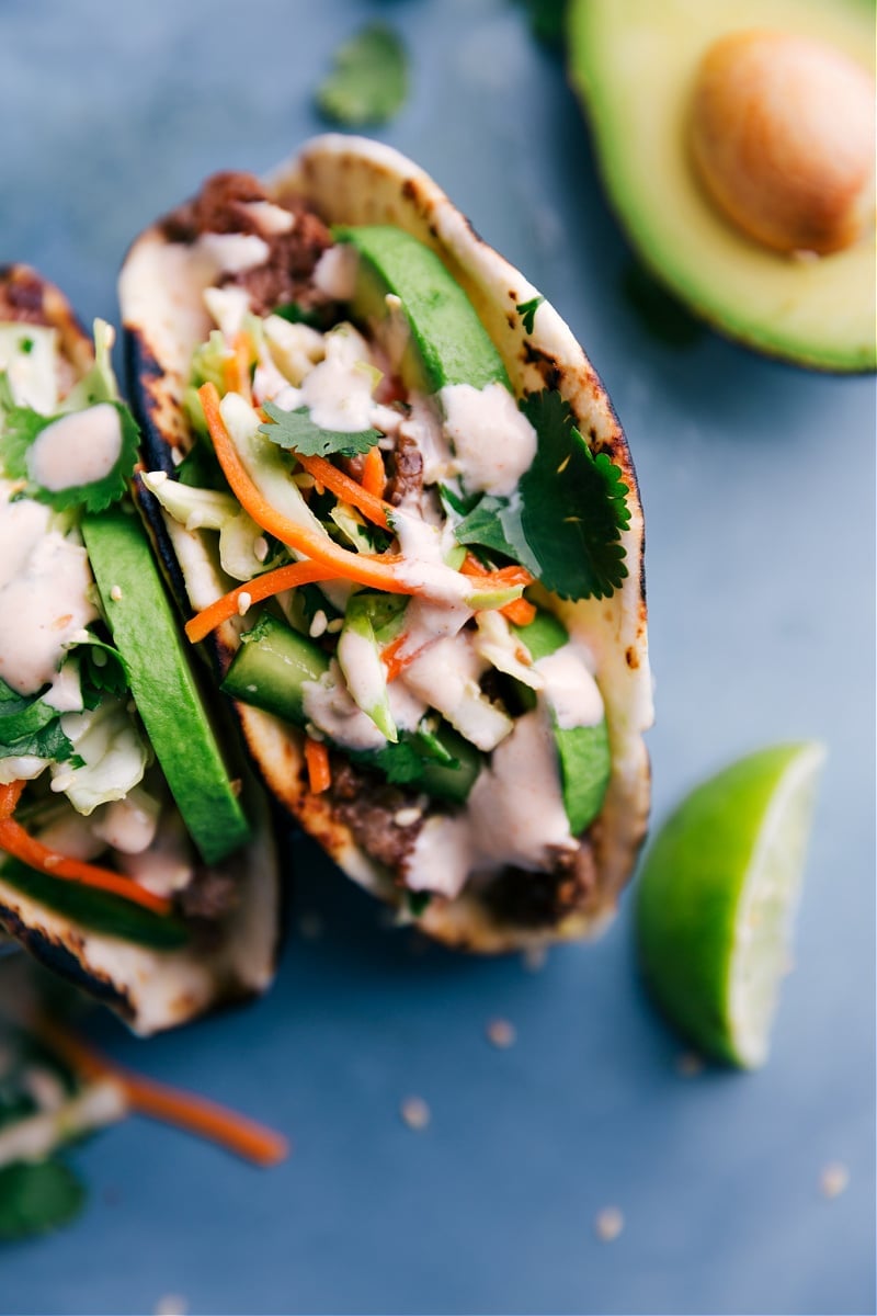 Overhead view of Korean Beef Tacos.