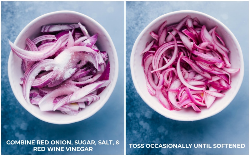 Process shots-- images of the red onion being pickled.
