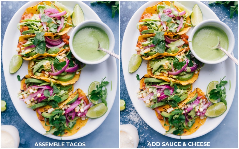 Images of Pinto Bean Tacos being assembled and the sauce and cheese being added.