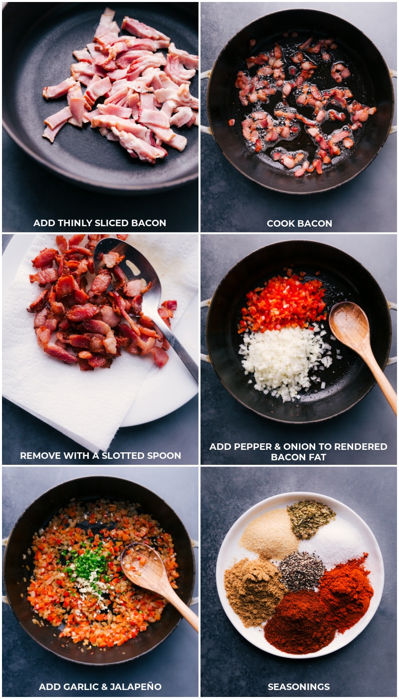 Process shot: cook bacon; remove with slotted spoon; add peppers and onion to bacon fat; add garlic and jalapeño; measure out the seasonings.