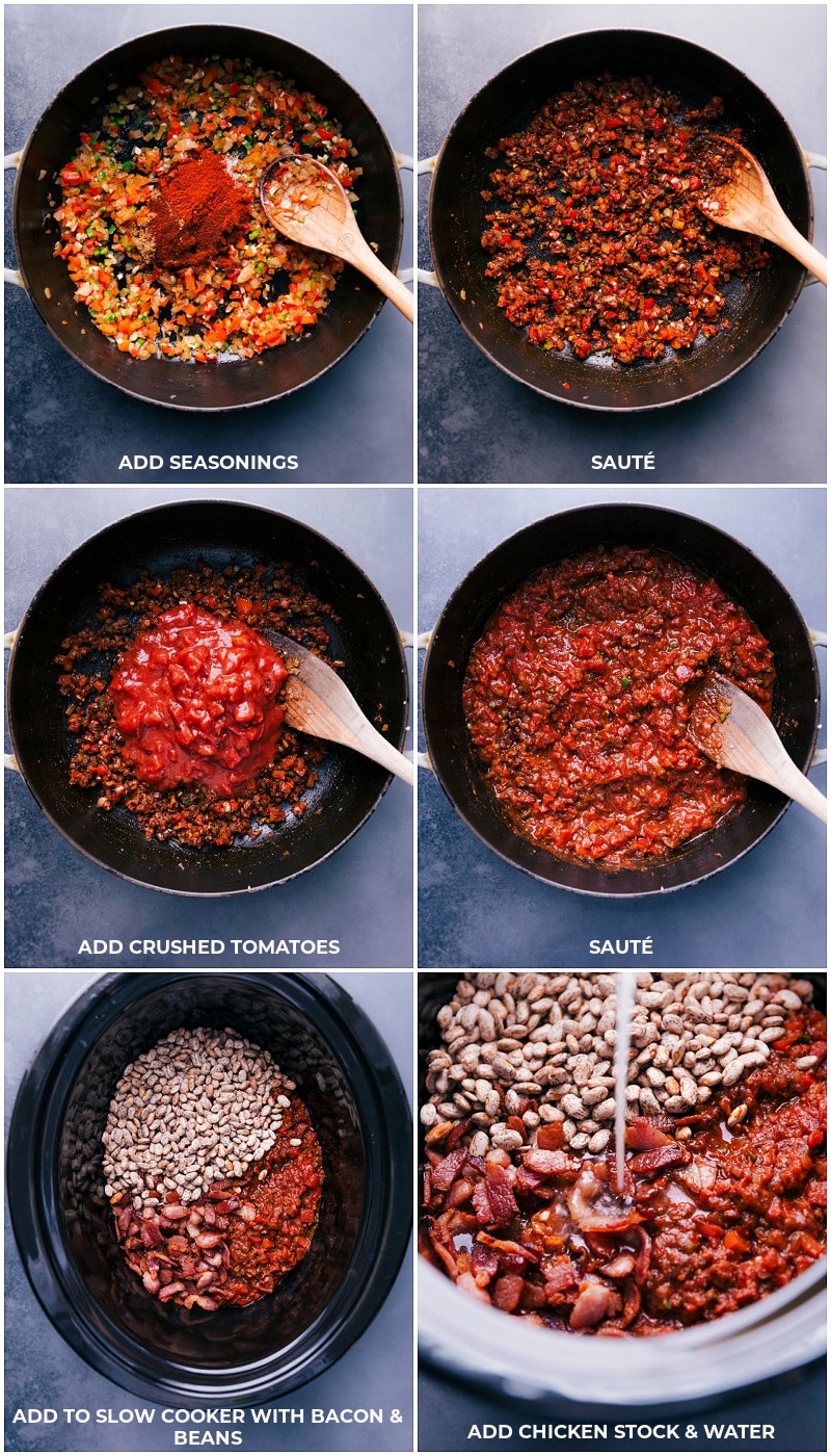 Process shot: add seasonings; sauté; add tomatoes; sauté again; pour into slow cooker with the bacon and beans; add chicken stock and water.