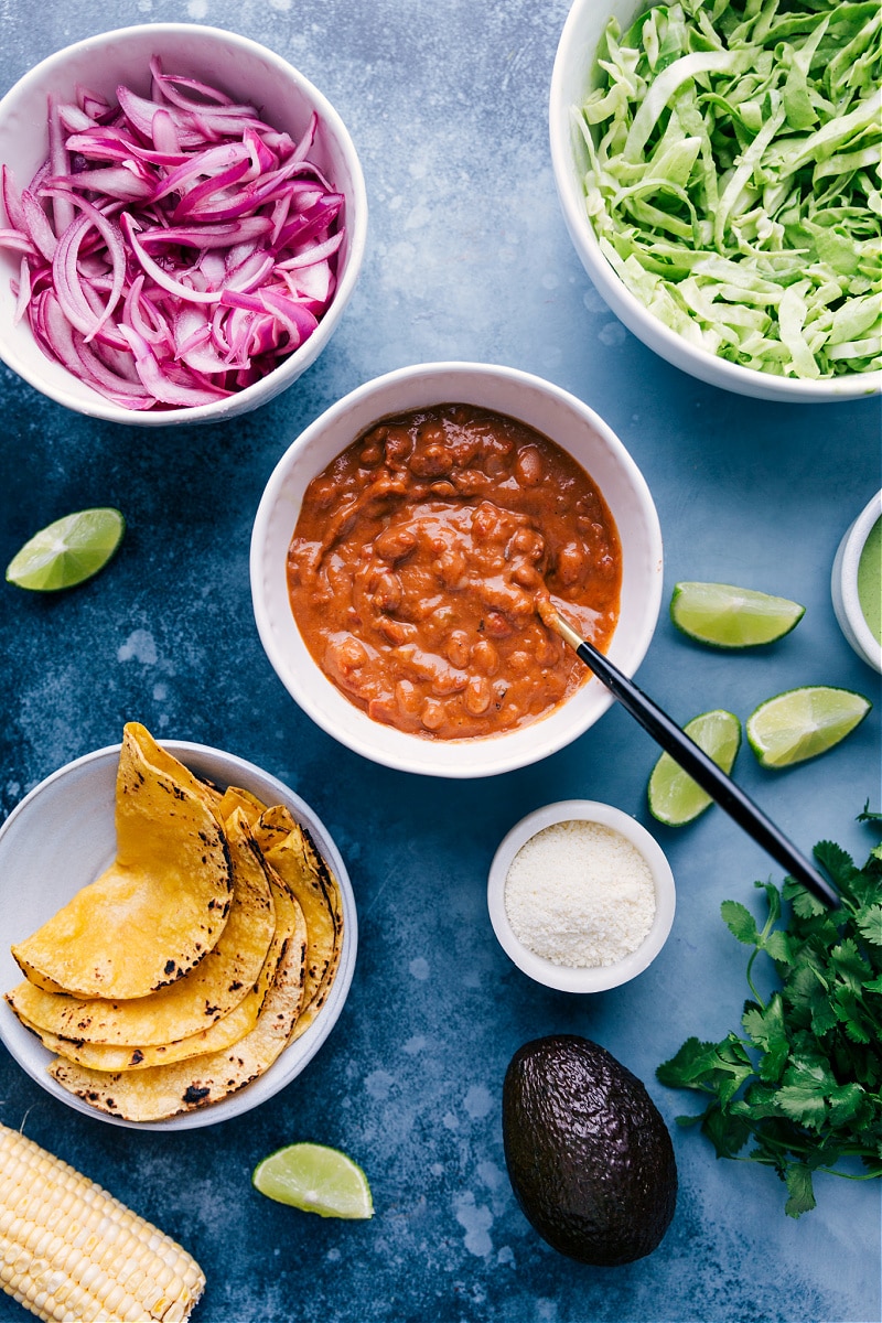 Process shots-- images of all the ingredients that go into this Pinto Bean Taco dinner.