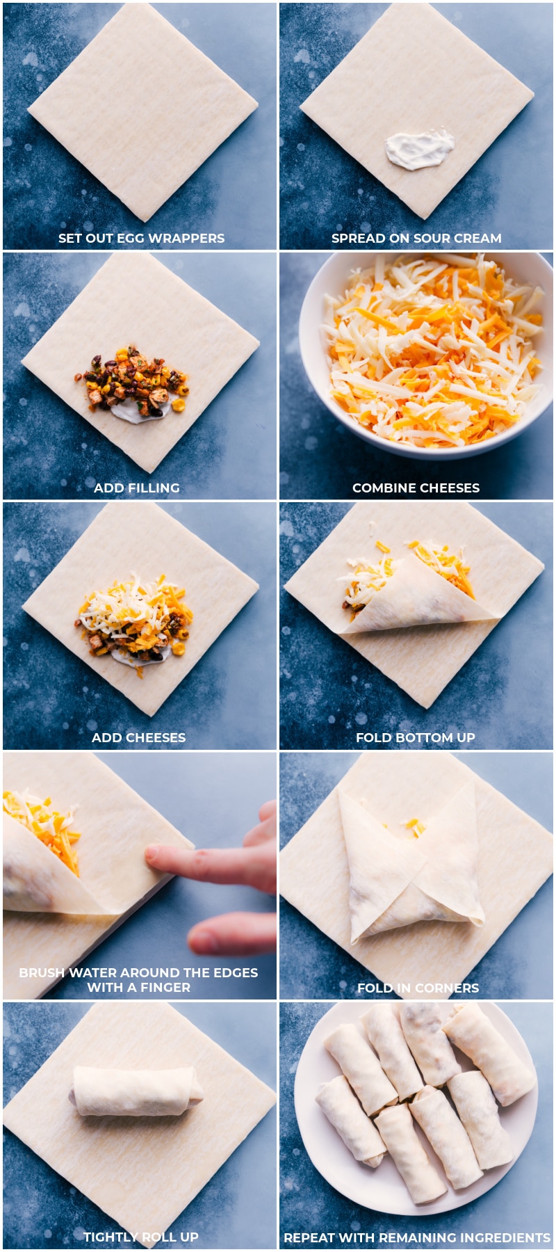 Process shots: set out egg roll wrappers, spread on sour cream; add filling; combine and add cheeses; fold up bottom, brush water around edges; fold in corners; tightly roll and continue with the remaining wrappers.