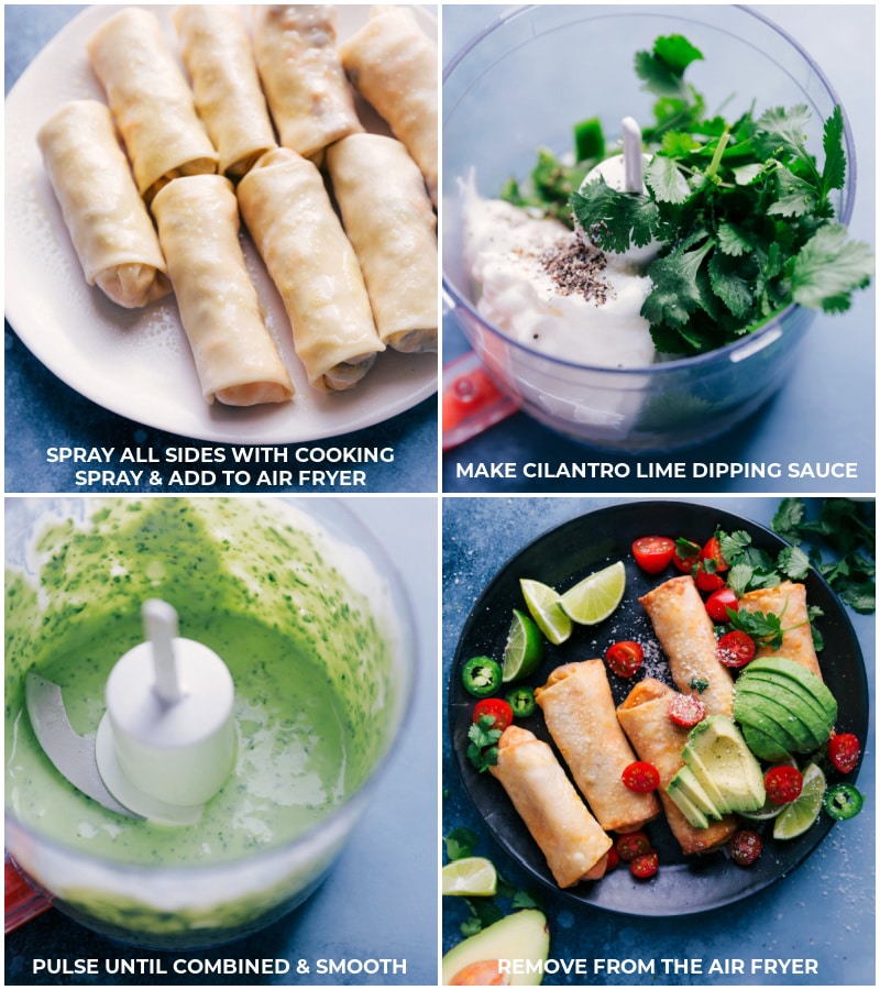 Process shots: spray all sides of the eggroll with cooking spray; make cilantro-lime dipping sauce; remove egg rolls from the air fryer and serve.