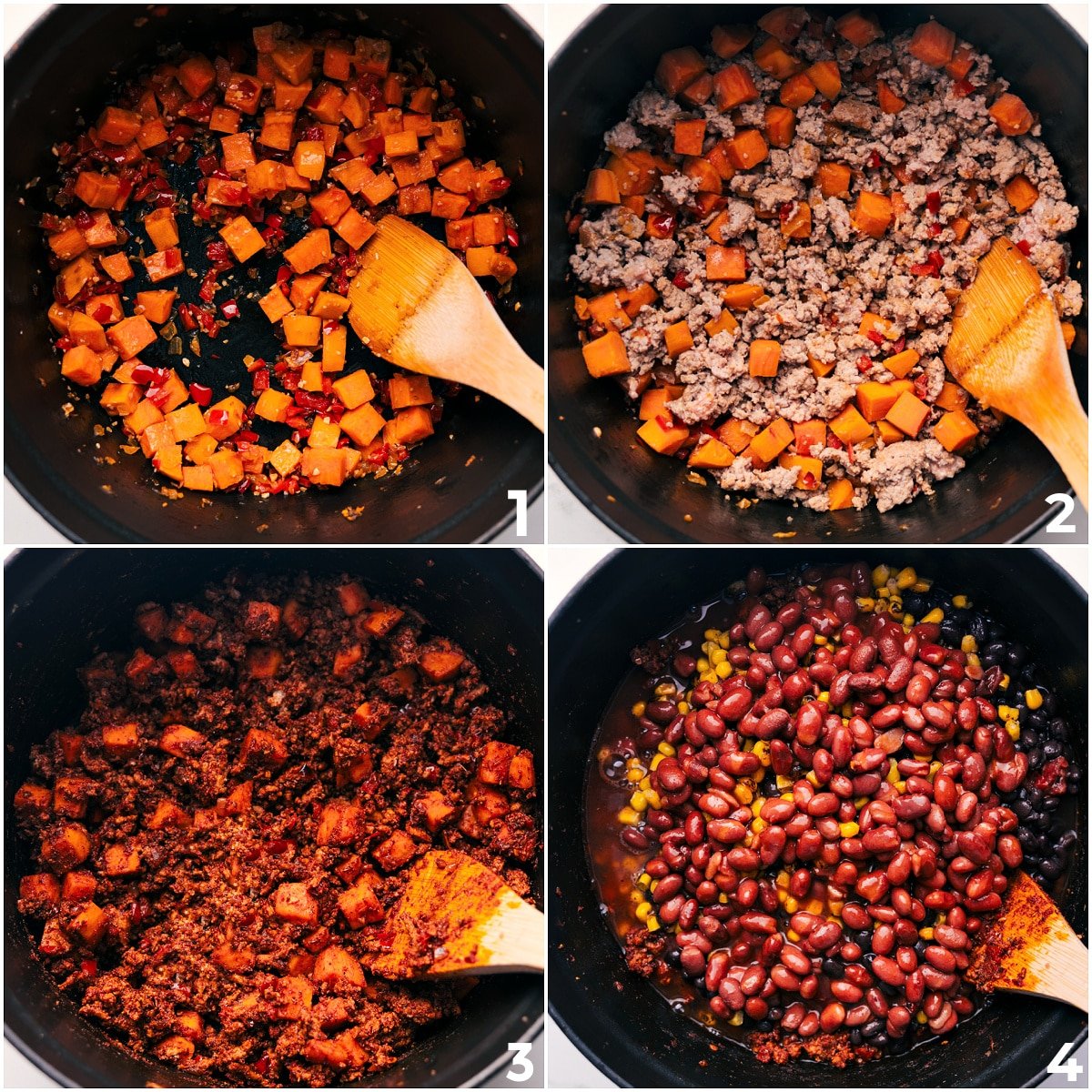 How To Make Turkey Chili Recipe Veggies sautéing in the pot, followed by ground turkey being added, cooked, and seasoned, then beans and corn stirred in to make this Turkey Chili Recipe.