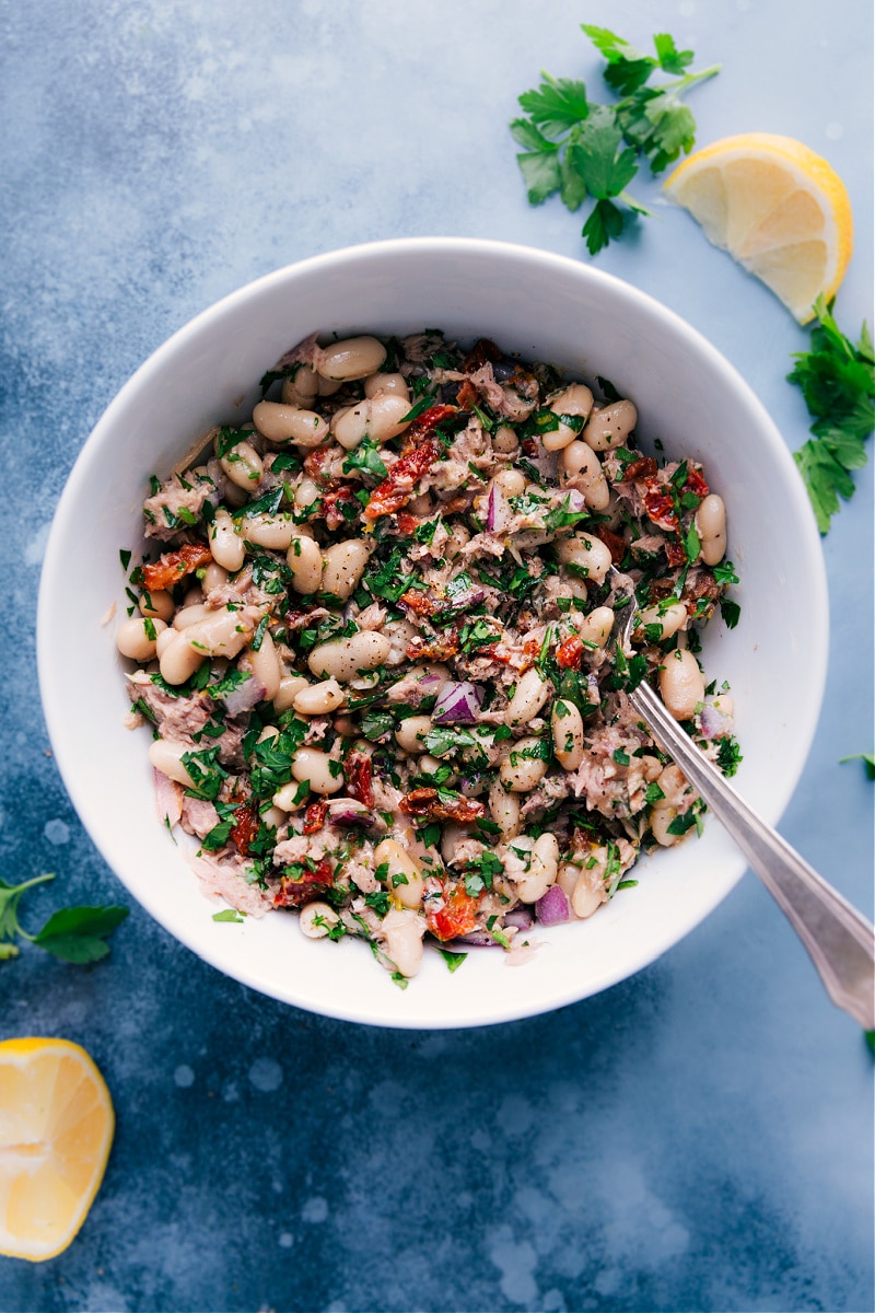 Overhead view of Tuna-White Bean Salad in a serving bowl.