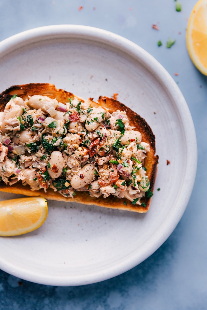 View of Tuna-White Bean Salad on toast.