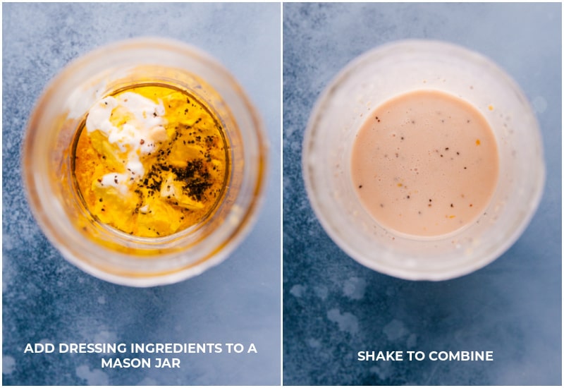 Views of the dressing ingredients before and after combining.