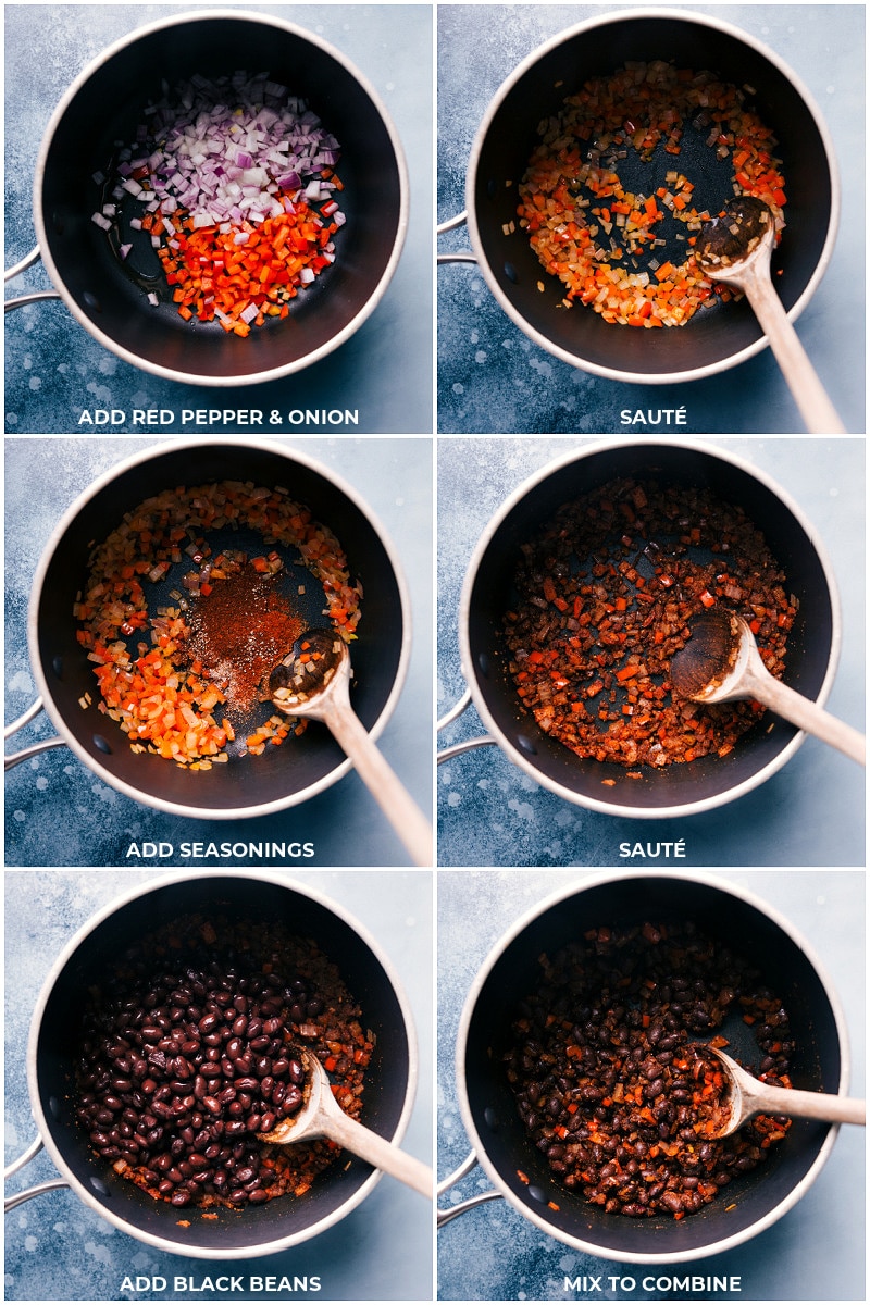 Process shots of combining the bean mixture for Black Bean Wraps.