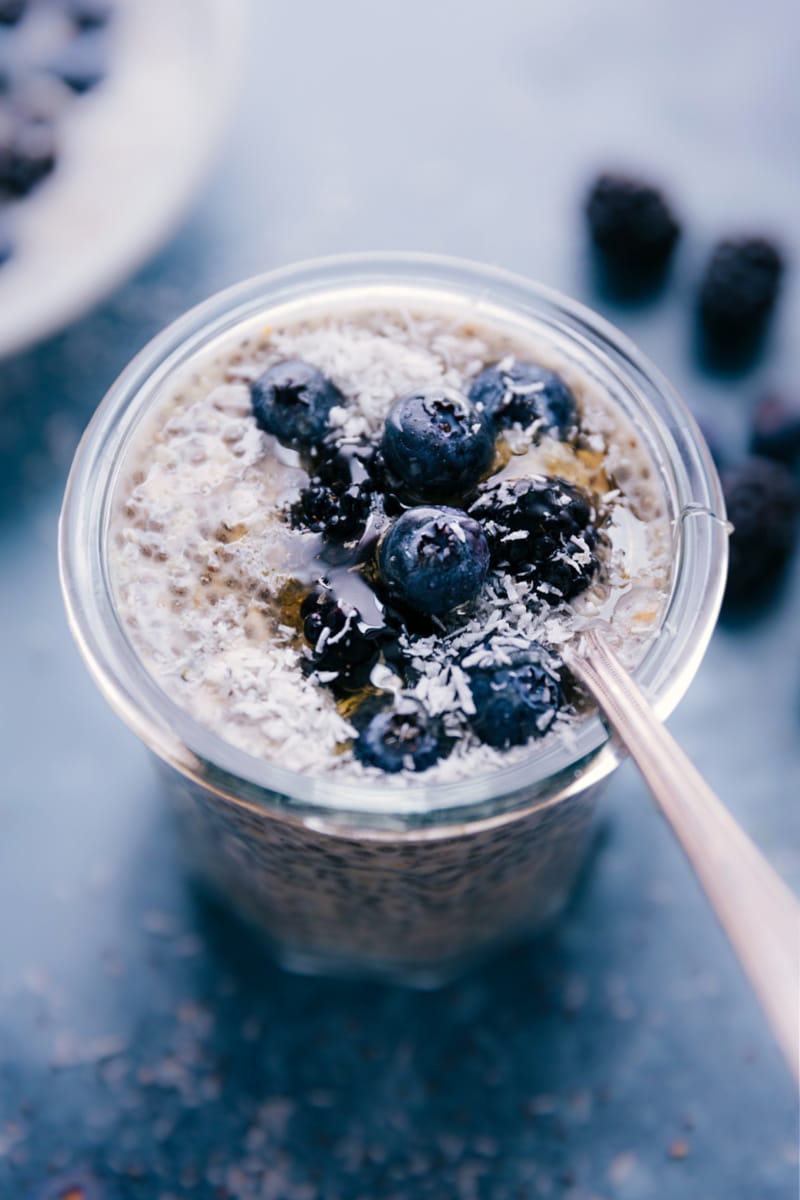 Up-close image of Chia Seed Pudding with fresh blueberries on top.