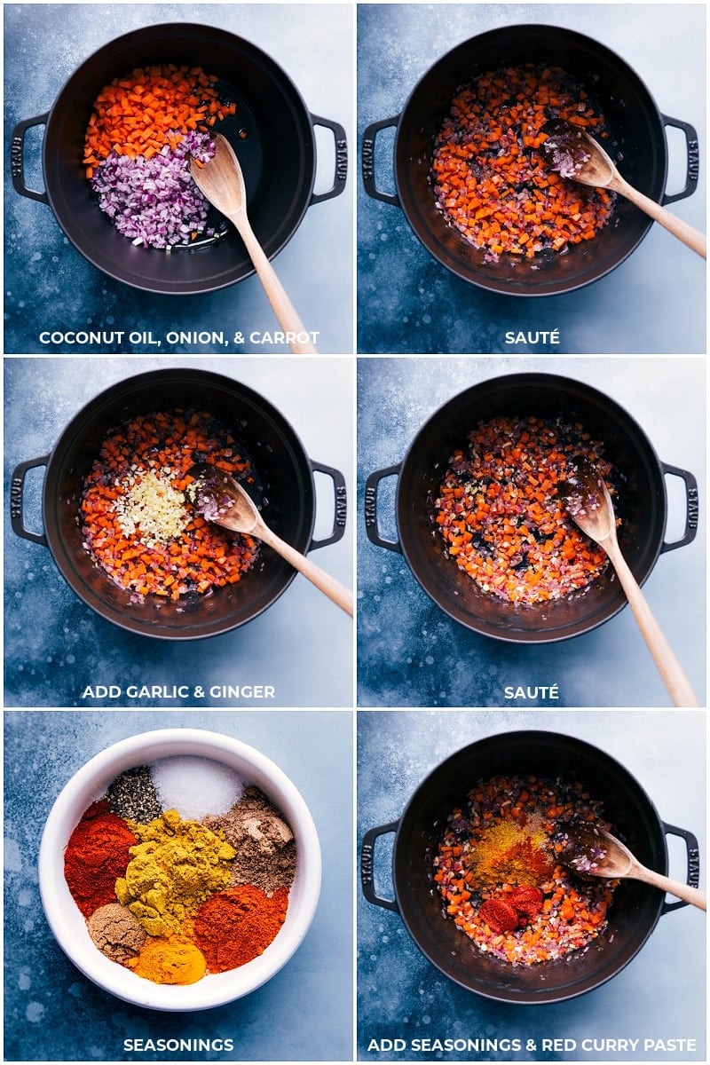 Process shots: Sautee coconut oil, onion and carrot; add garlic and ginger; add seasonings.