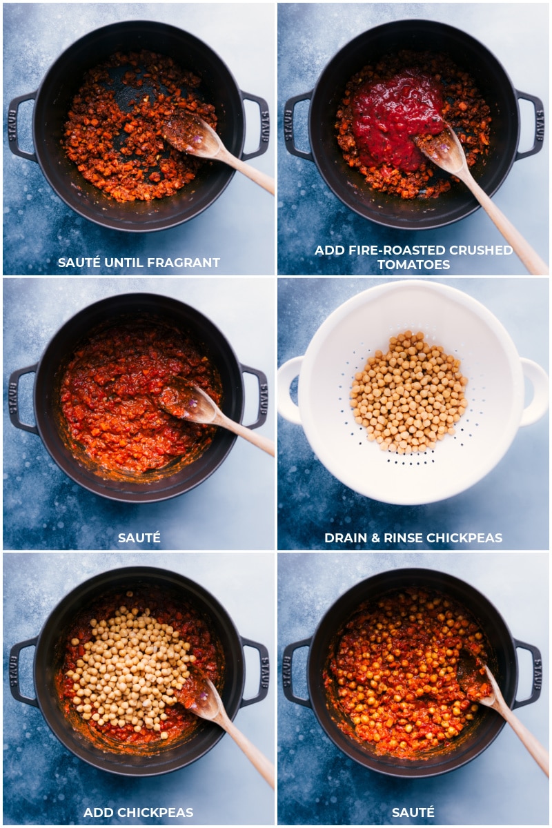Process shots: sauté seasonings and vegetables; add tomatoes and continue to sauté; rinse and drain chickpeas; add to pan and continue cooking.