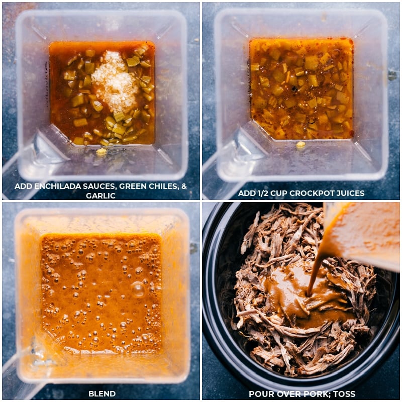Enchilada sauces, green chiles, and garlic being added to the blender and being blended with the previous mixture and it all being poured over the Cafe Rio Sweet Pork Recipe.