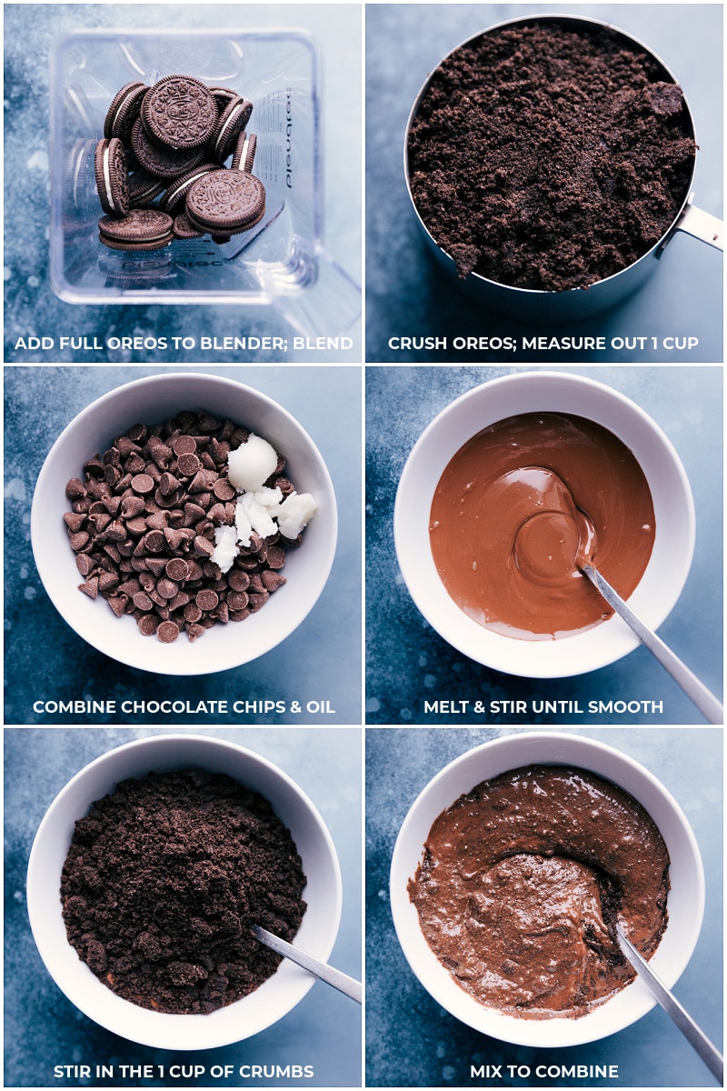 Process shots--images of the Oreos being crushed; the chocolate chips being melted; and the Oreo crumbs being mixed into the melted chocolate.