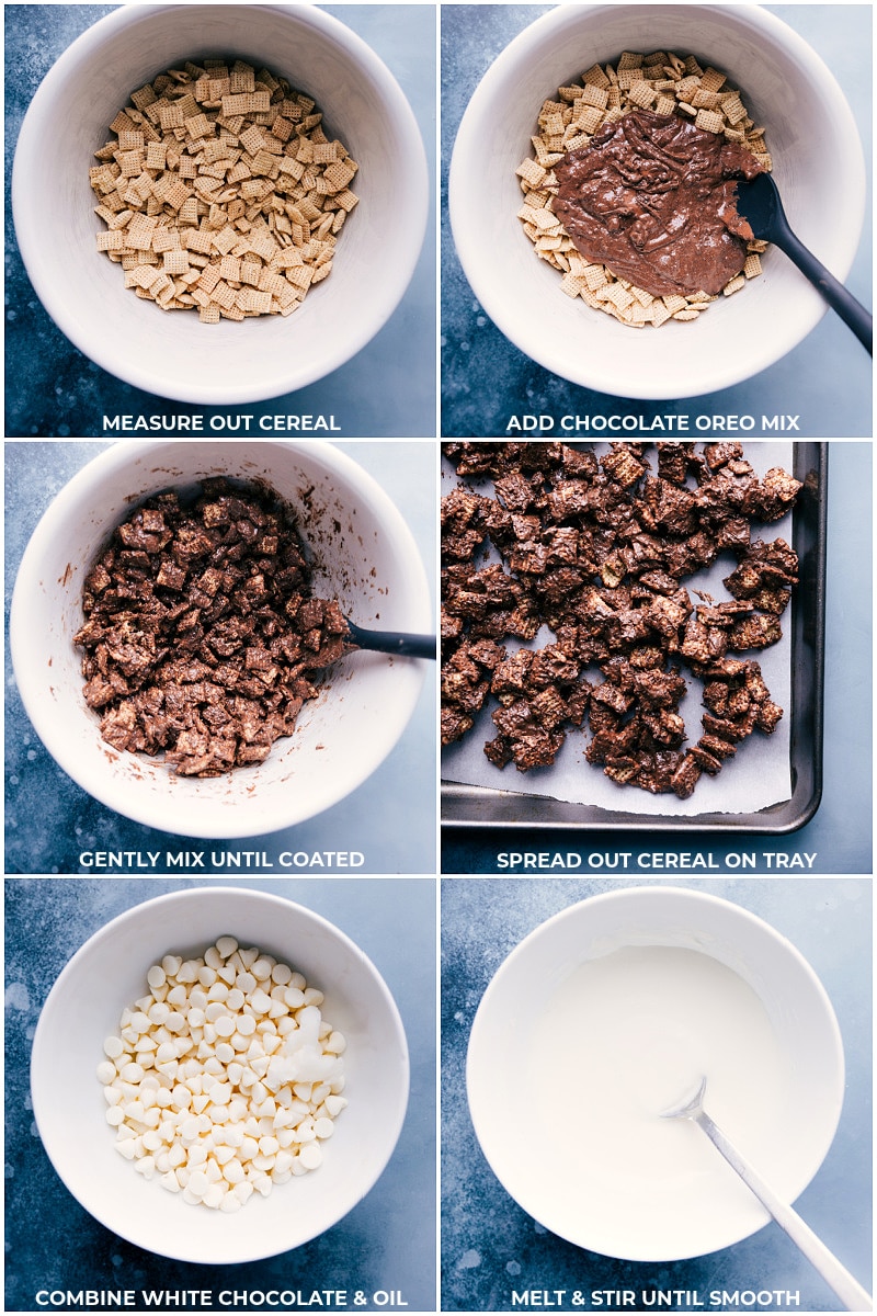 Process shots-- images of the chocolate being added to the Chex cereal and mixed together; white chocolate being melted.