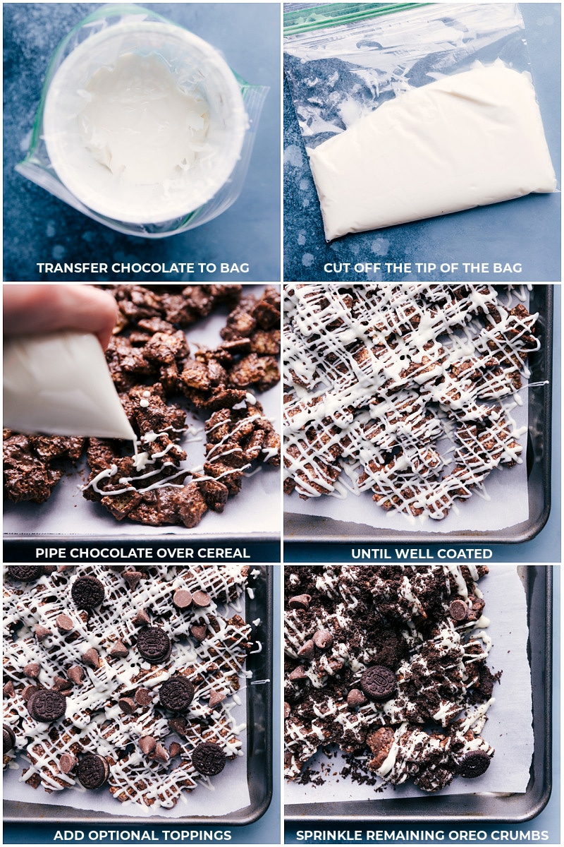 Process shots-- images of the melted white chocolate being drizzled over the Cookies and Cream Muddy Buddies and additional toppings being added.