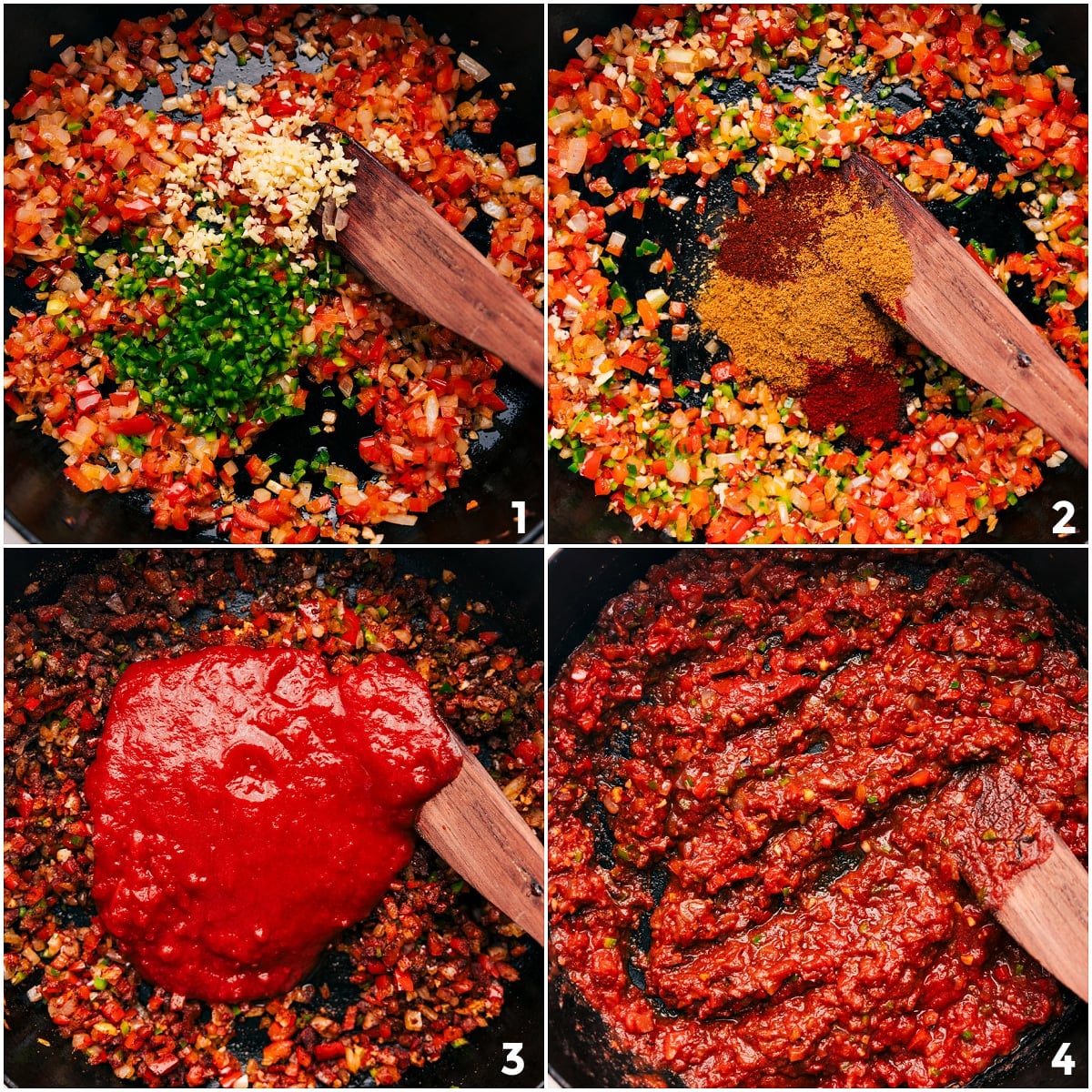 You won't believe how simple these from-scratch Pinto Beans are -- no soaking required! Recipe via ChelseasMessyApron.com #pintos #pintobeans #instantpot #crockpot #slowcooker #nosoak #easy Onion, peppers, garlic, jalapeño, seasonings, and fire-roasted tomatoes sautéing together in a skillet.