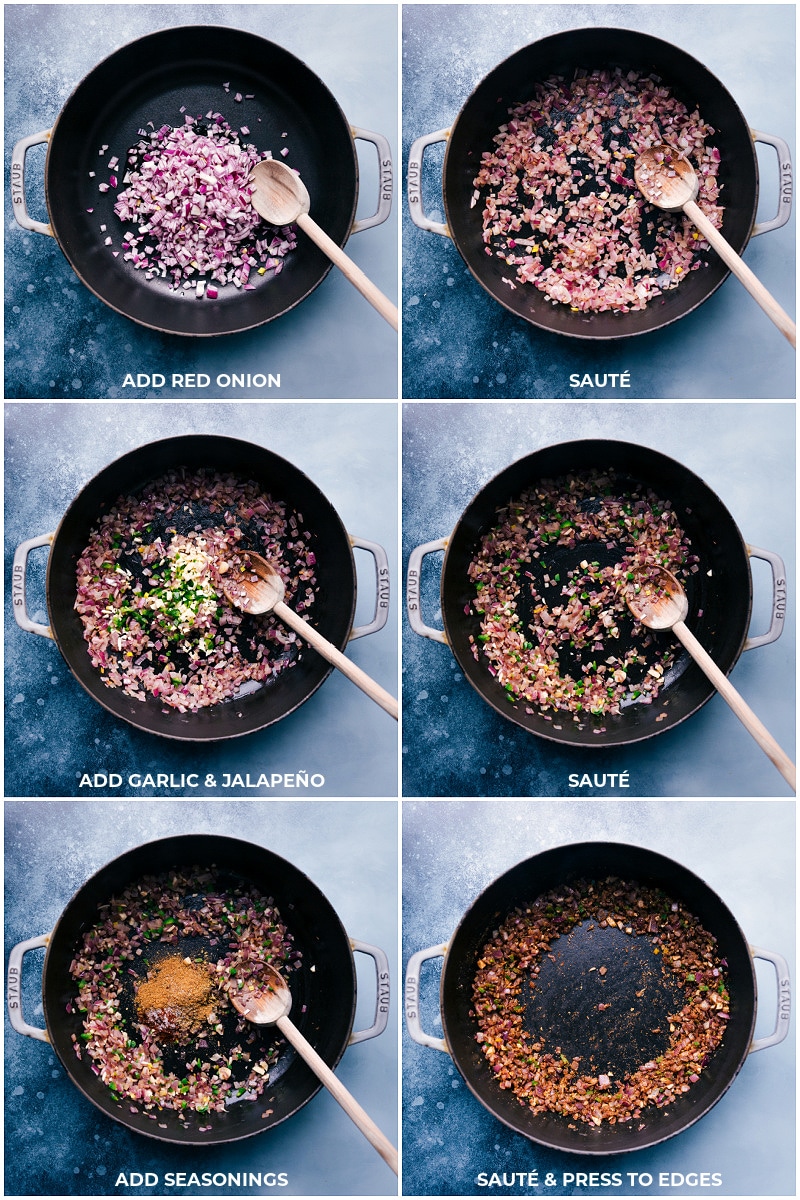 Process shots of sautéing the onions, garlic, jalapeño and seasonings.