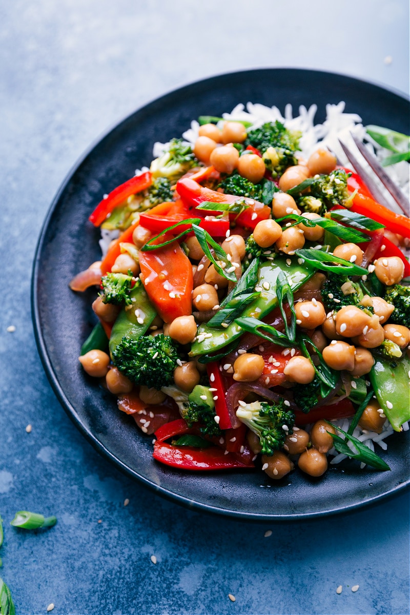 Overhead image of General Tso Chickpeas on a plate, ready to be eaten.