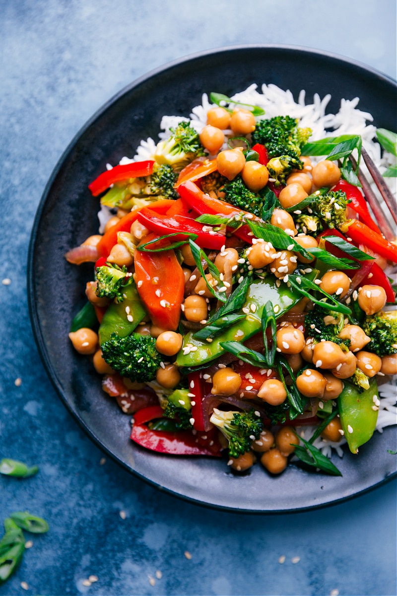 Overhead image of General Tso Chickpeas over a bed of rice.