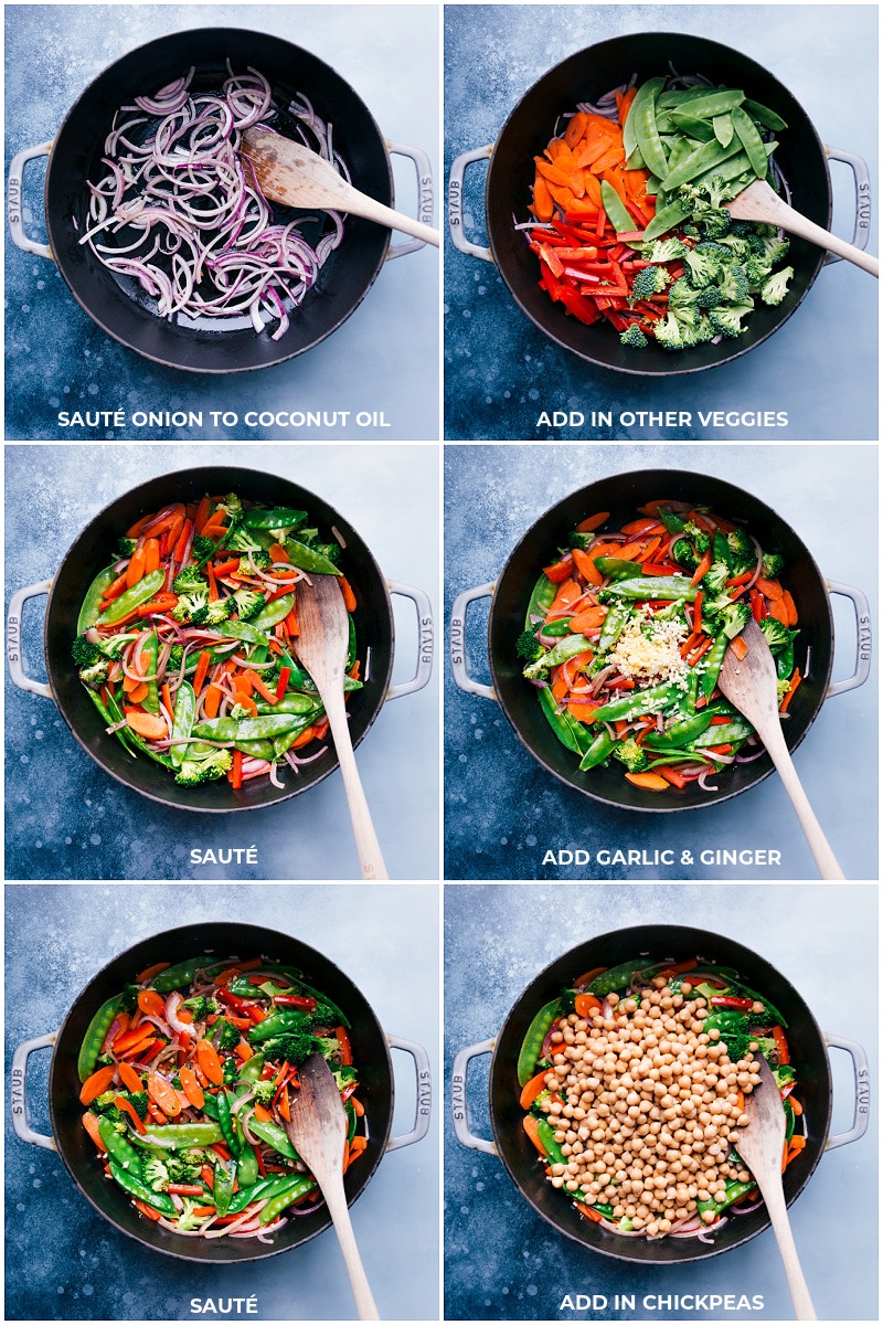 Process shots-- images of the veggies being sautéed; chickpeas being added.