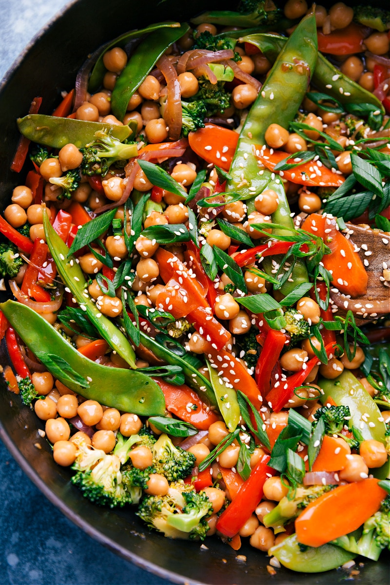 U- close image of General Tso Chickpeas in the pan.