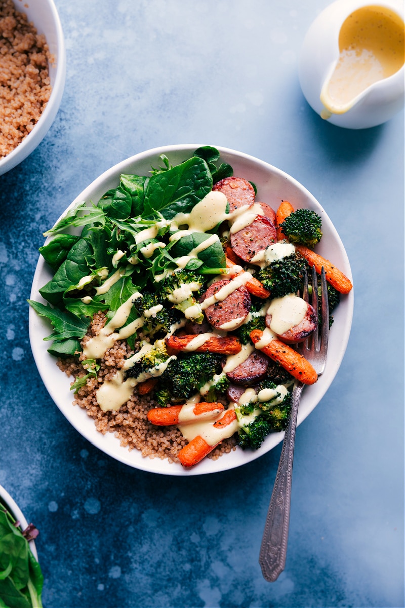 Overhead view of the Honey Mustard Chicken Sausage and Veggies in a bowl.