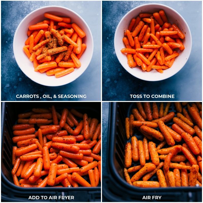 Process shots: Combine carrots with oil and seasoning; add to the air fryer; cook.