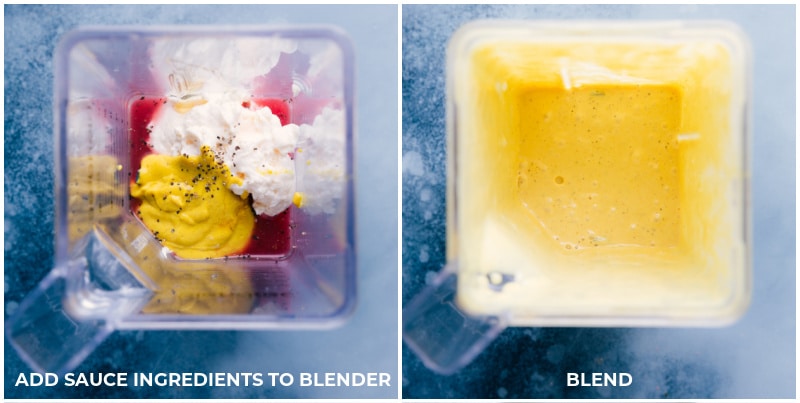 Images of the honey mustard sauce before and after blending.