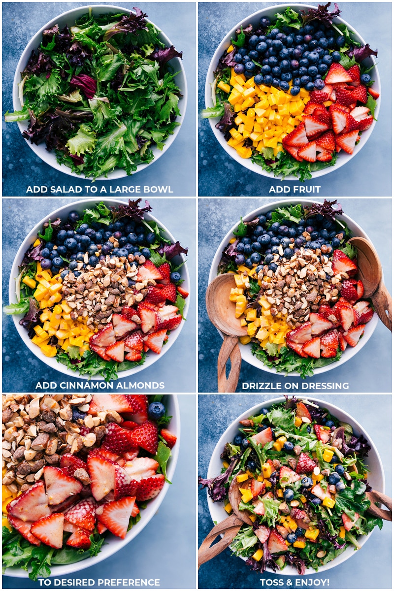 Process shots: add salad to a large bowl and add fruit; add cinnamon almonds; drizzle on dressing; toss and enjoy.