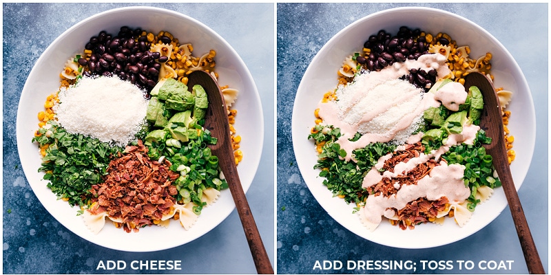 Cheese and dressing being added to the Mexican Street Corn Pasta Salad.