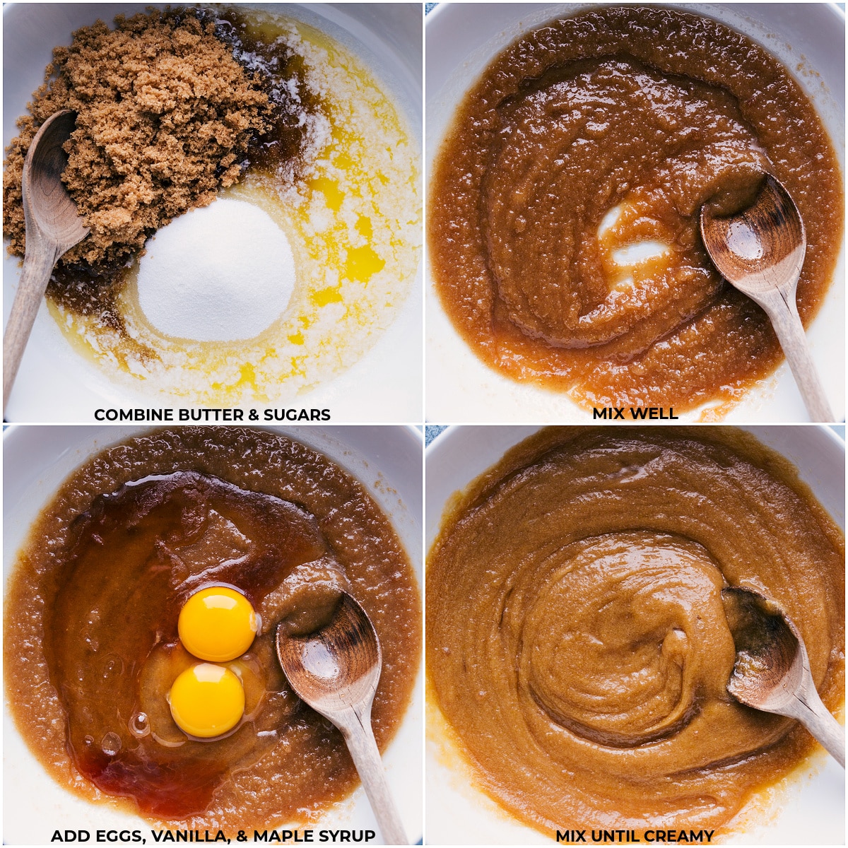 Butter and sugars being combined, then eggs, vanilla, and maple syrup being added.