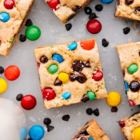 Our favorite M&M Cookie Bars ready to be enjoyed.