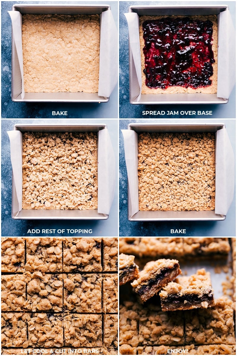 The jam being layered into the oat base and then the topping being added on top and it all being baked.